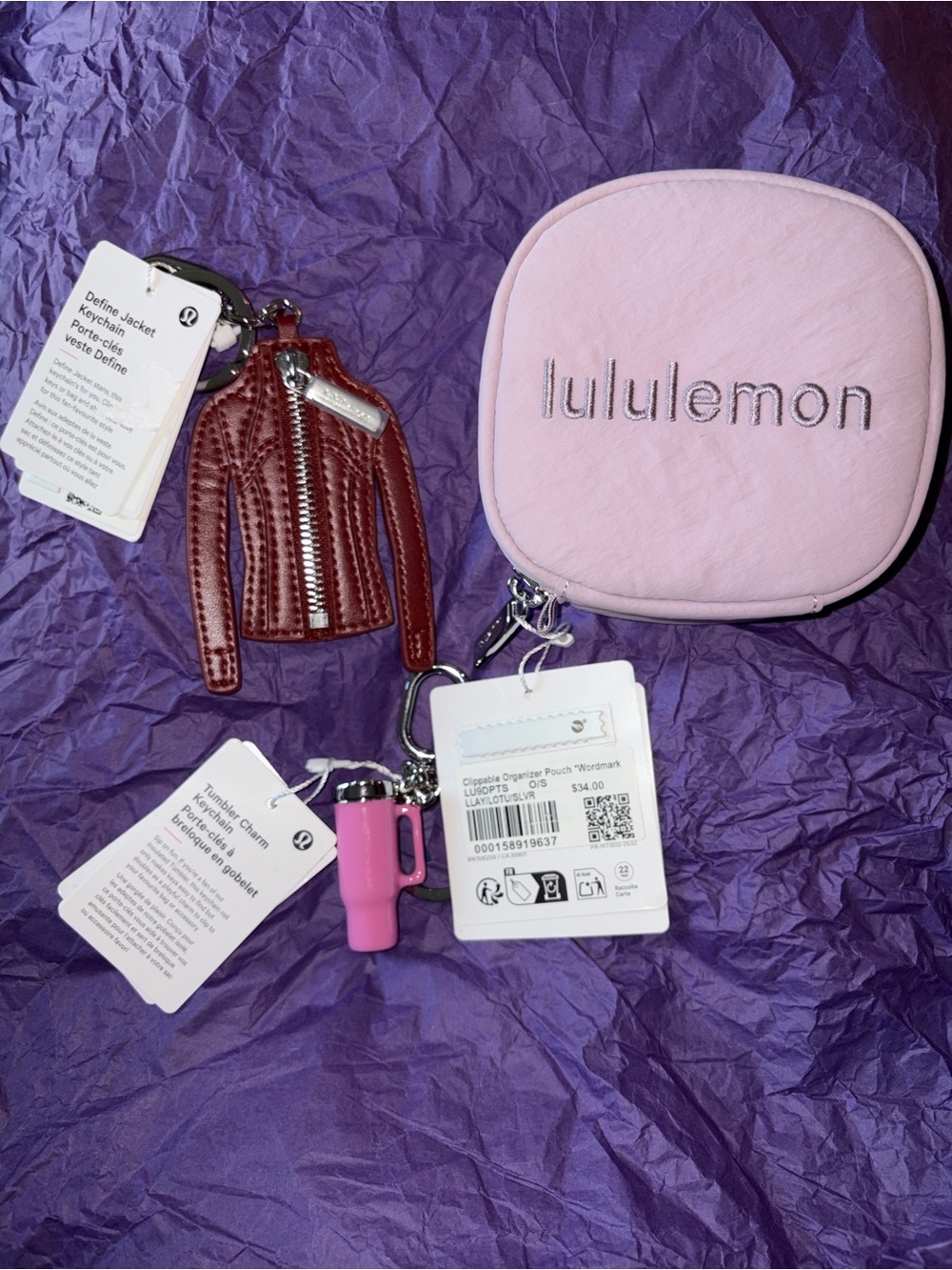 NWT LuluLemon Accessory Bundle Pouch, Define Keychain, tumbler charm